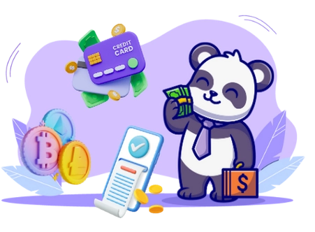 Playful panda cartoon promoting secure online payments, with credit cards, Bitcoin, and a mobile phone with a checkmark.