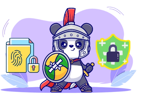 Happy panda cartoon character ensuring online safety, with a shield, a sword, and security symbols.