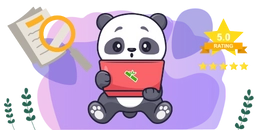 Panda sitting with a red laptop, looking curious, surrounded by a magnifying glass over a document and a gold star rating with "5.0 RATING" and four stars, set against a soft purple background.