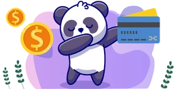 Panda striking a "dab" pose while holding a blue credit card, surrounded by golden coins with dollar signs, set against a soft purple background.