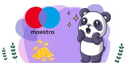 Panda with a surprised expression, hands on its cheeks, standing next to a pile of golden coins with sparkles, and the "Maestro" logo in the background on a soft purple backdrop.