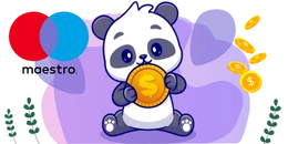 Panda sitting and holding a large golden coin with a dollar symbol, surrounded by flying coins, with the "Maestro" logo in the background on a soft purple backdrop.