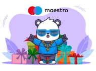 Panda wearing blue shutter shades, a gold chain, and a blue outfit, standing with arms outstretched in front of colorful gift boxes, with the 