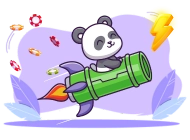 Panda riding a green rocket with a purple flame, surrounded by flying casino chips, a yellow lightning bolt, and a soft purple background.