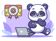 Panda wearing glasses sitting next to a laptop, smiling with a hand on its chin, with a certificate ribbon icon in the background, set against a soft purple backdrop.