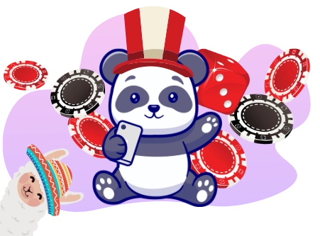 A cute panda wearing a Peru hat, holding a smartphone and surrounded by casino chips and dice, suggesting a focus on online casinos and mobile gaming.