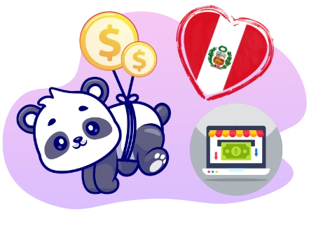 Playful panda promoting online shopping in Peru, with dollar sign balloons, a heart-shaped Peruvian flag, and a laptop store icon.