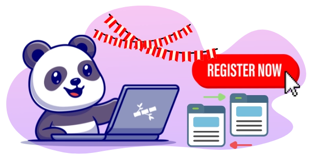 Happy panda promoting online registration, with a laptop, a "REGISTER NOW" button, and Peruvian flags.