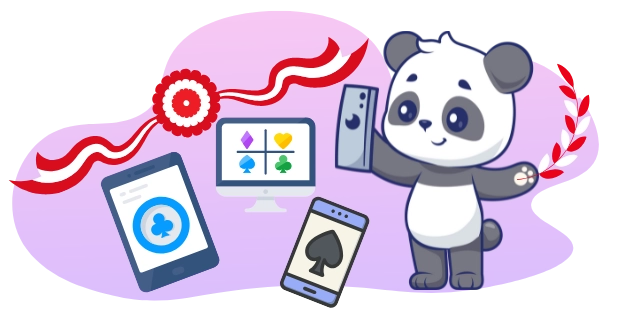 Playful panda promoting online casino games, with a smartphone, a computer, playing cards, and a ribbon.