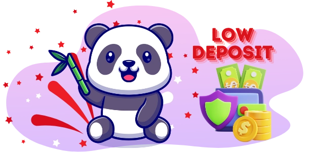 Playful panda promoting low-deposit casinos, with a wallet, coins, a shield, and the text "LOW DEPOSIT".