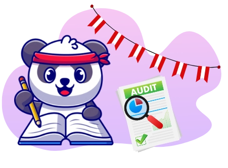 Playful panda conducting an audit, with a book, a pencil, a magnifying glass, and an 