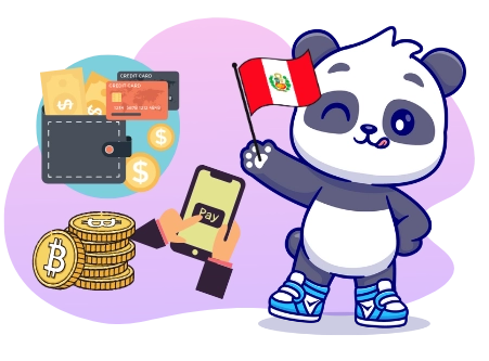 Happy panda enjoying the convenience of online payments in Peru, with a smartphone, credit cards, a wallet, Bitcoin, and a Peruvian flag.