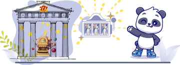 "Panda pointing a Greek temple and different slots machines, one with Greek avatar. "