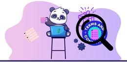 Blinking panda sitting on a chair with a computer and coffee, with T&C sheet.