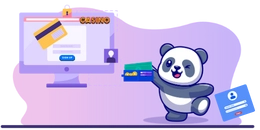 Happy panda holding a wallet with two sign in screens and shiny casino writing.