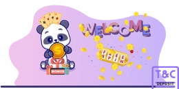 Panda behind bonus gift boxes with shiny coin rains, free spin slot and welcome banner.