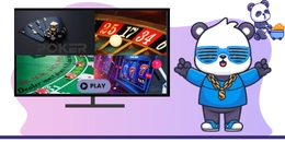 Panda with a suit and another one carrying coins, with a screen displaying casino games.