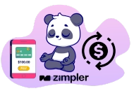 A cute panda meditating, with a smartphone showing a payment screen and a money transfer icon.