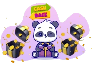 A cute panda sitting with a gift box, surrounded by other gift boxes and coins, with a 