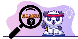 A cute panda with a headband, holding a pencil and looking at a book, with a magnifying glass pointing to the word "Casino"