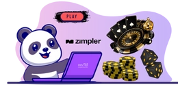 A cute panda sitting at a laptop, with casino symbols like playing cards, dice, and a roulette wheel