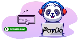 A panda wearing headphones, working on a laptop with a "Register Now" button