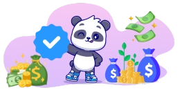 A cute panda holding a verified badge with money bags and coins