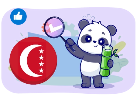 A cute panda holding a magnifying glass and a bamboo stick, standing next to a Anjouan licence symbol and a thumbs-up icon, suggesting a focus on online gambling in Anjouan-licensed casinos.