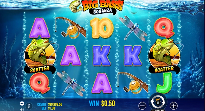 A screenshot of the Big Bass Bonanza slot game, showing underwater-themed symbols including fishing rods, dragonflies, and fish, with a win of $0.50 displayed.