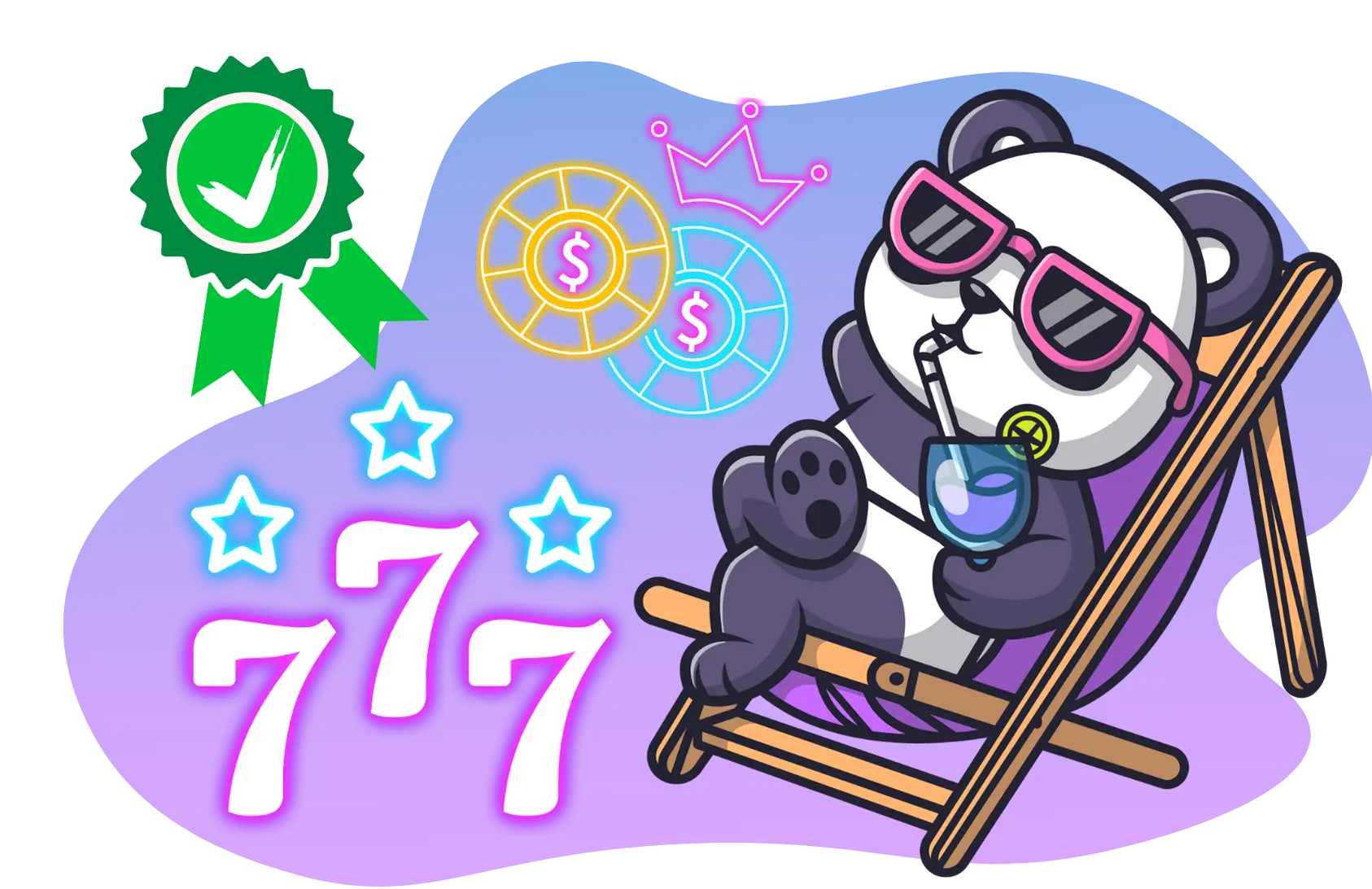 A cool panda cartoon character with sunglasses relaxes on a beach chair with a drink, surrounded by casino symbols like chips and a crown, with the numbers "777" in glowing lights and a green checkmark in the background.