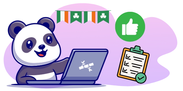 A smiling panda cartoon character uses a laptop, with Irish flags hanging in the background, a checklist with a checkmark, and a thumbs-up icon.