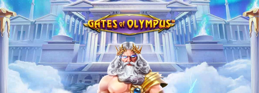 The "Gates of Olympus" slot game logo featuring the Greek god Zeus.