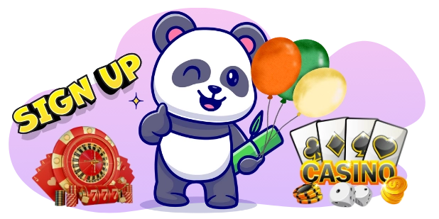 A happy panda cartoon character holding balloons gives a thumbs up, surrounded by casino elements like a roulette wheel, playing cards, dice, and a "SIGN UP" button.