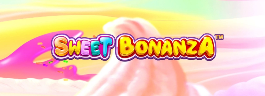 The "Sweet Bonanza" slot game logo with a colorful candy theme.