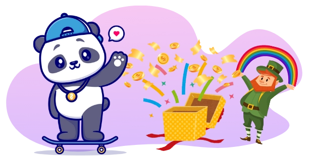 A cool panda cartoon character on a skateboard waves, with a leprechaun holding a rainbow and a gift box overflowing with coins.