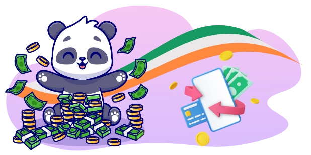 A happy panda cartoon character sits on a pile of money with coins raining down, with the Irish flag in the background and a smartphone showing a credit card and an arrow suggesting easy transactions.