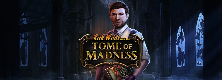 A promotional image for "Rich Wilde and the Tome of Madness", featuring the adventurous protagonist holding a glowing book against the backdrop of a dark, eerie cathedral.