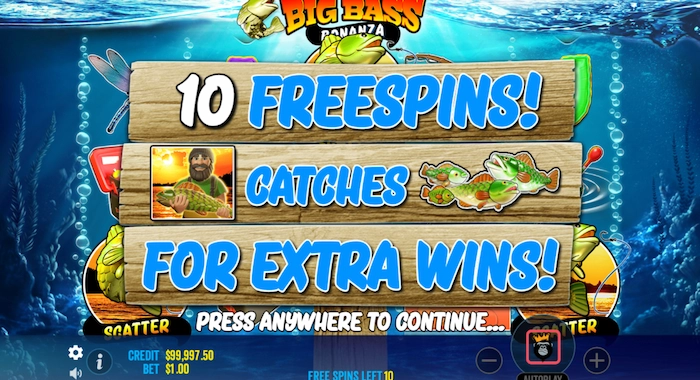 A screenshot of the Big Bass Bonanza slot game showing the free spins bonus screen with 10 free spins awarded.