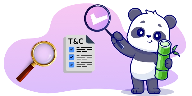 A cute panda holding a magnifying glass with a checkmark, with a document labeled "T&C" and another magnifying glass, suggesting a focus on understanding terms and conditions.