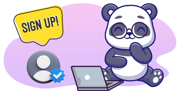 A cartoon panda wearing glasses smiles while using a laptop, with a "SIGN UP!" speech bubble and a verified user icon in the background, encouraging viewers to join.