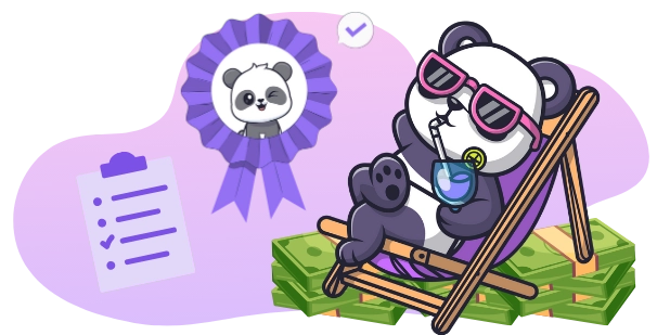 A cartoon panda wearing sunglasses relaxes in a beach chair with a drink, surrounded by stacks of money, while a checklist and a medal with a panda image are in the background.