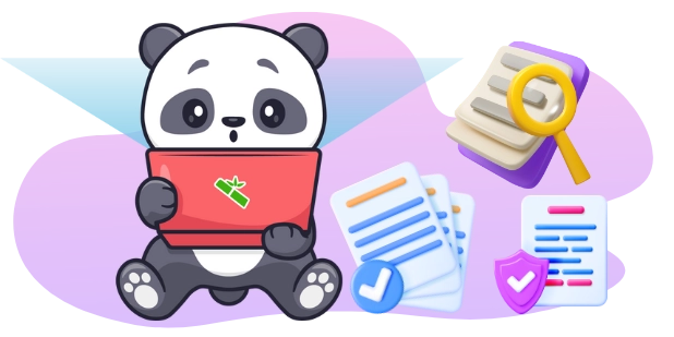 A panda cartoon character looks surprised at a laptop, with documents, a magnifying glass, and checkmarks in the background.