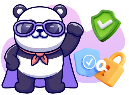 A cartoon panda wearing sunglasses and a cape strikes a superhero pose, with security icons like a shield with a checkmark and padlocks nearby, suggesting a safe and secure online environment.