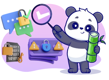 A panda cartoon character inspects secure data with a magnifying glass, holding a bamboo shoot and surrounded by symbols of encryption and security.