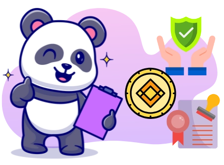 A happy panda cartoon character holds a clipboard, standing next to a Binance coin, a shield with a checkmark, and a document with a stamp, suggesting secure and reliable transactions.