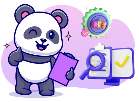 A happy panda cartoon character gives a thumbs up while holding a clipboard, standing next to a computer screen with a magnifying glass searching documents and a checkmark.