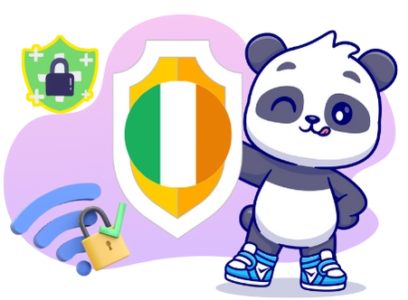 A panda cartoon character holds a shield with the Irish flag, surrounded by symbols of online security like a padlock and a Wi-Fi symbol with a lock.