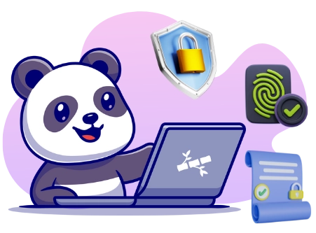 A smiling panda cartoon character uses a laptop with a bamboo symbol on it, surrounded by security icons like a padlock, fingerprint scanner, and a document with a lock.