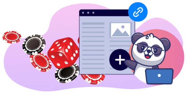 Playful panda creating informative online casino reviews, with a laptop, dice, poker chips, and a link icon.