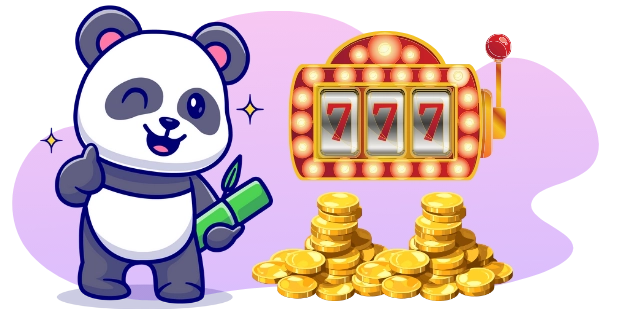 A cartoon panda gives a thumbs-up next to a slot machine displaying "777" and a pile of gold coins, suggesting a big win and a fun gaming experience.